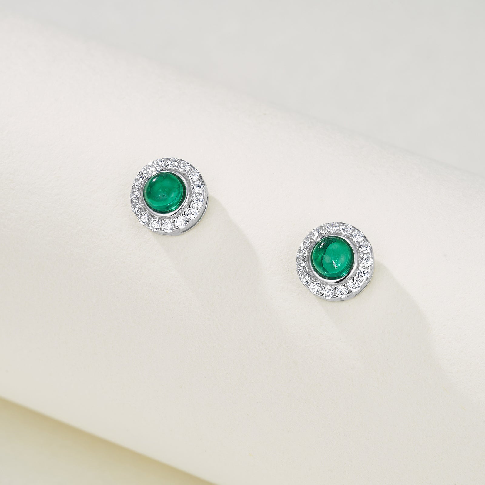 Complete Green Radiance | Single-Row Diamond Surround Round Emerald Ear Studs