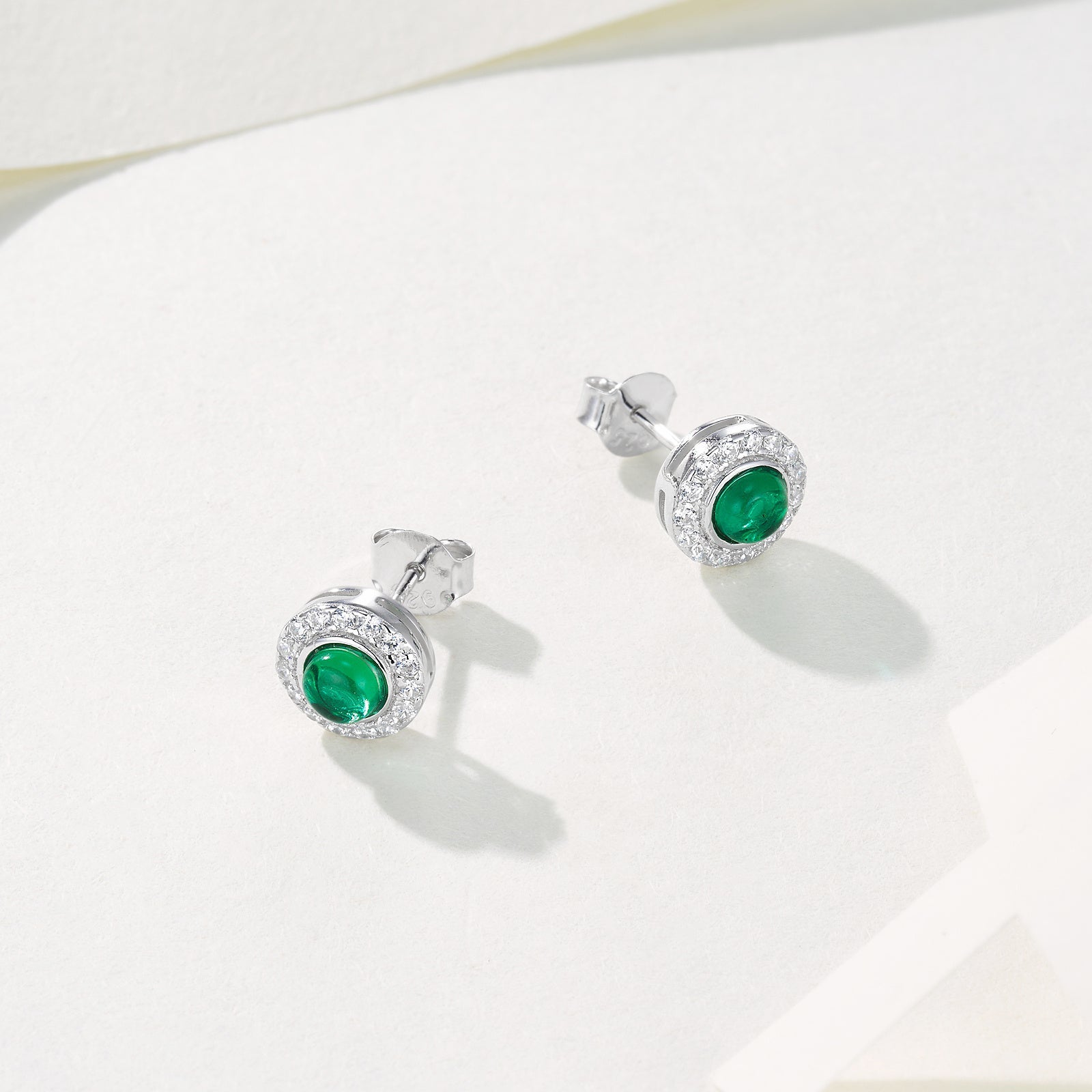 Complete Green Radiance | Single-Row Diamond Surround Round Emerald Ear Studs