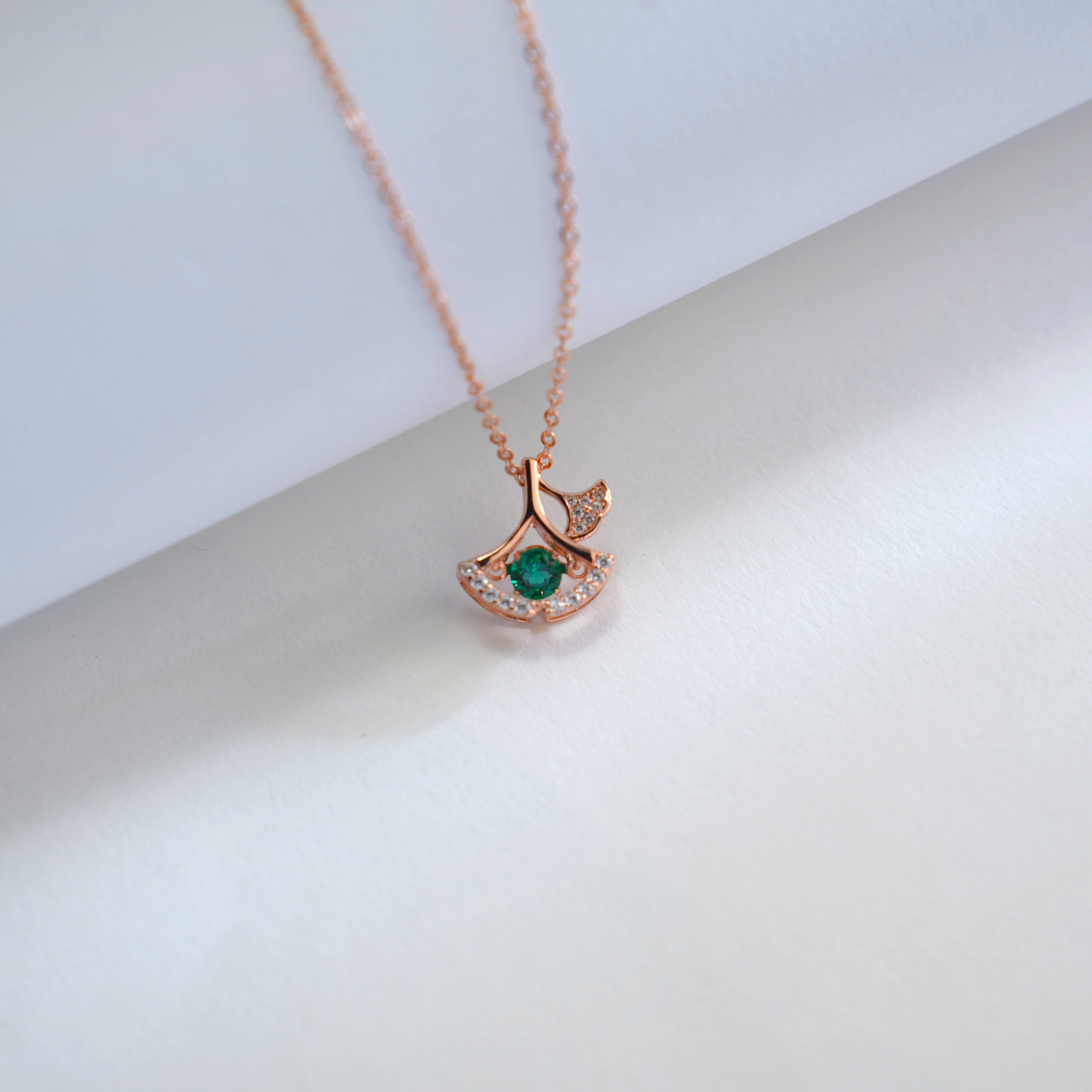 Arc of Green Whispers | Rose Gold Diamond Halo Emerald Pendant
