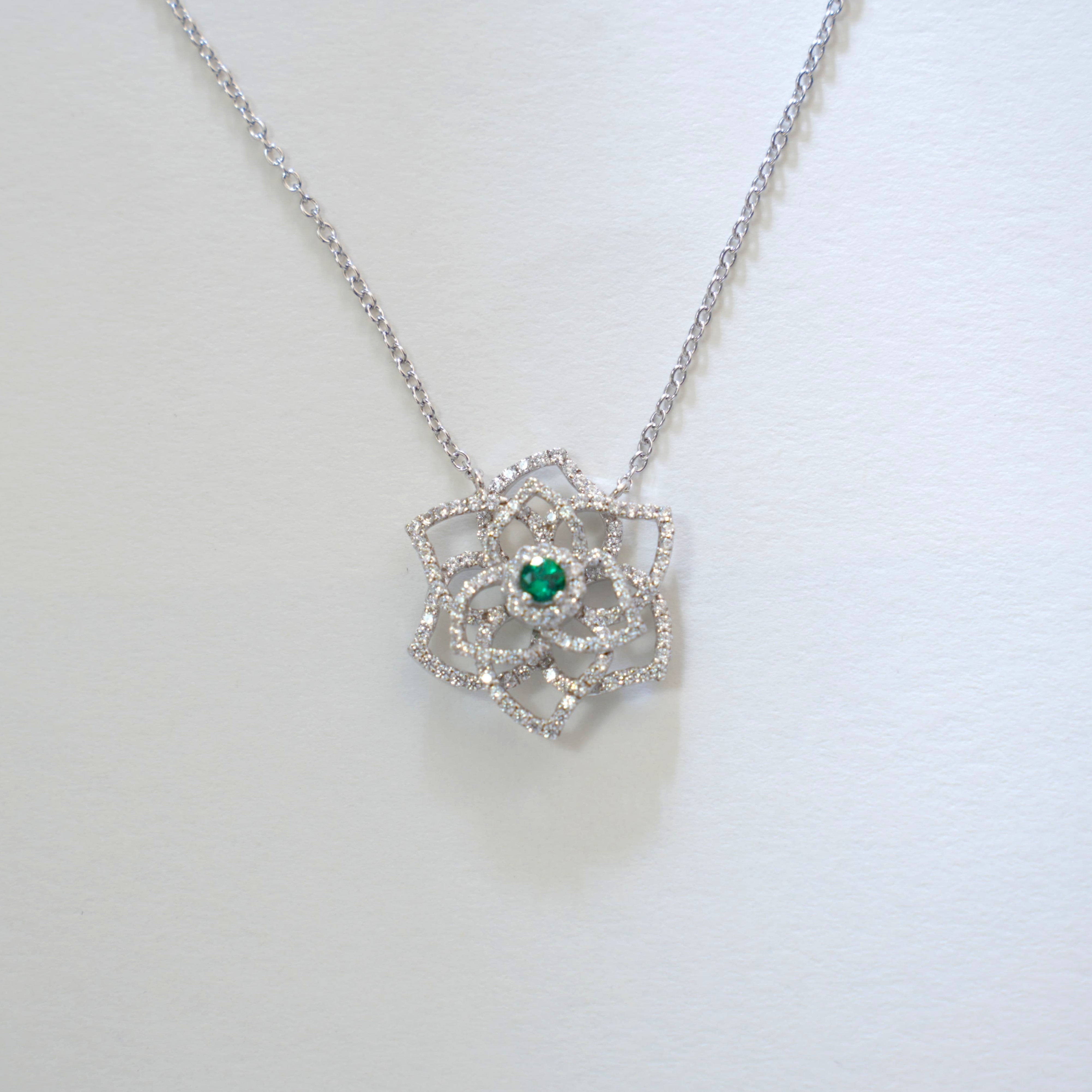 Morning Dew Among Flowers | Diamond Petals Emerald Blossom Necklace