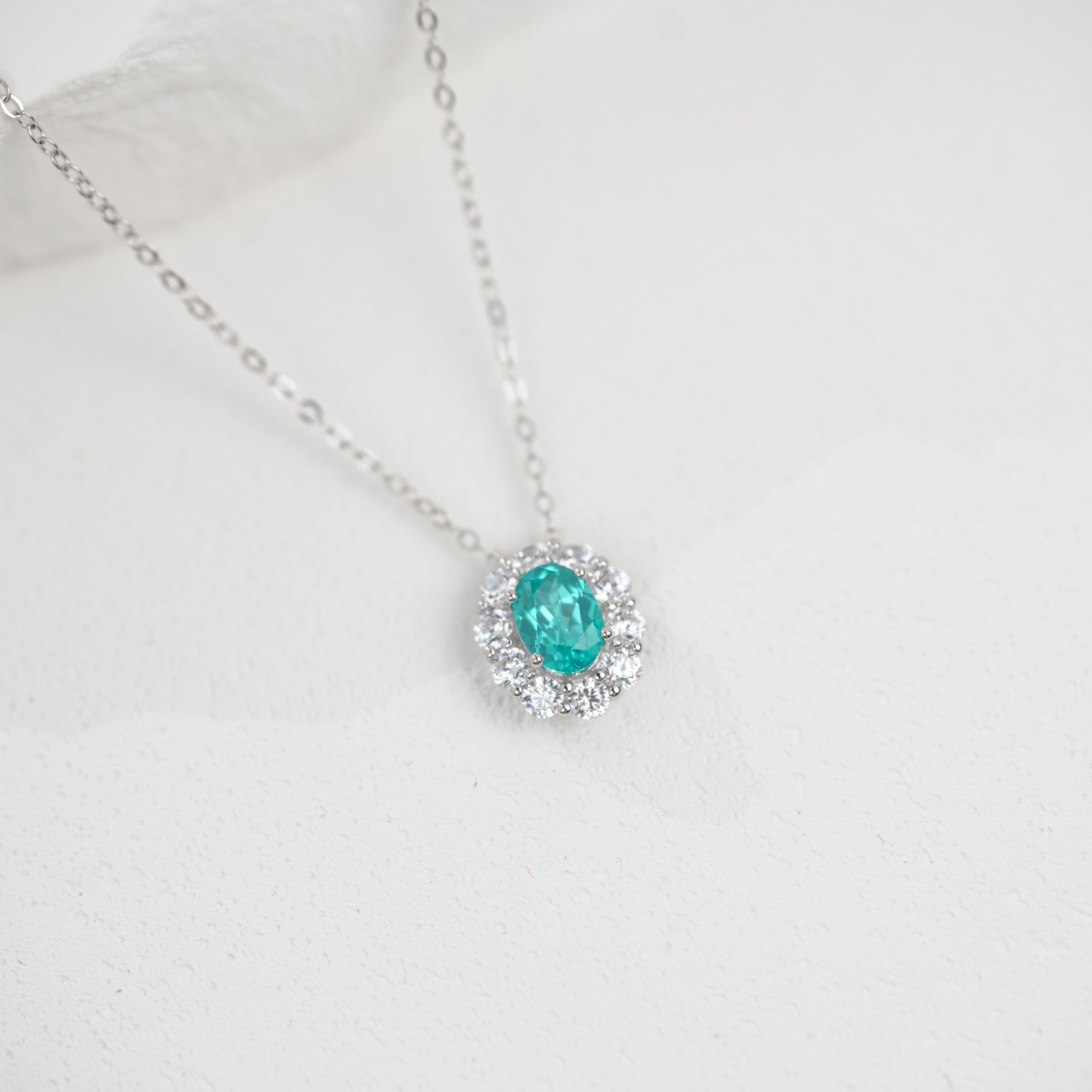 Lab-Grown Paraiba Tourmaline - Ocean Blue Oval Diamond Cluster Pendant