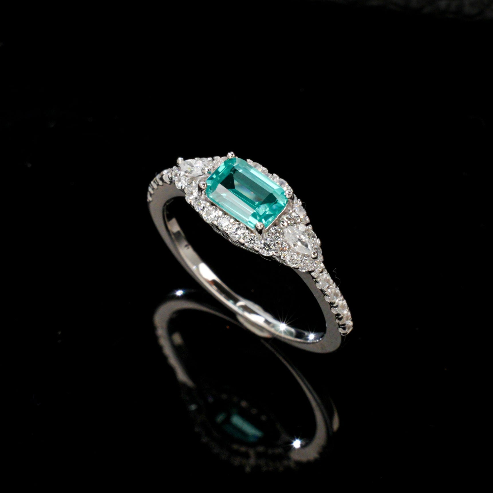 Lab-Grown Paraiba Tourmaline - Diamond Cluster Ocean Blue Fairy Trail Ring