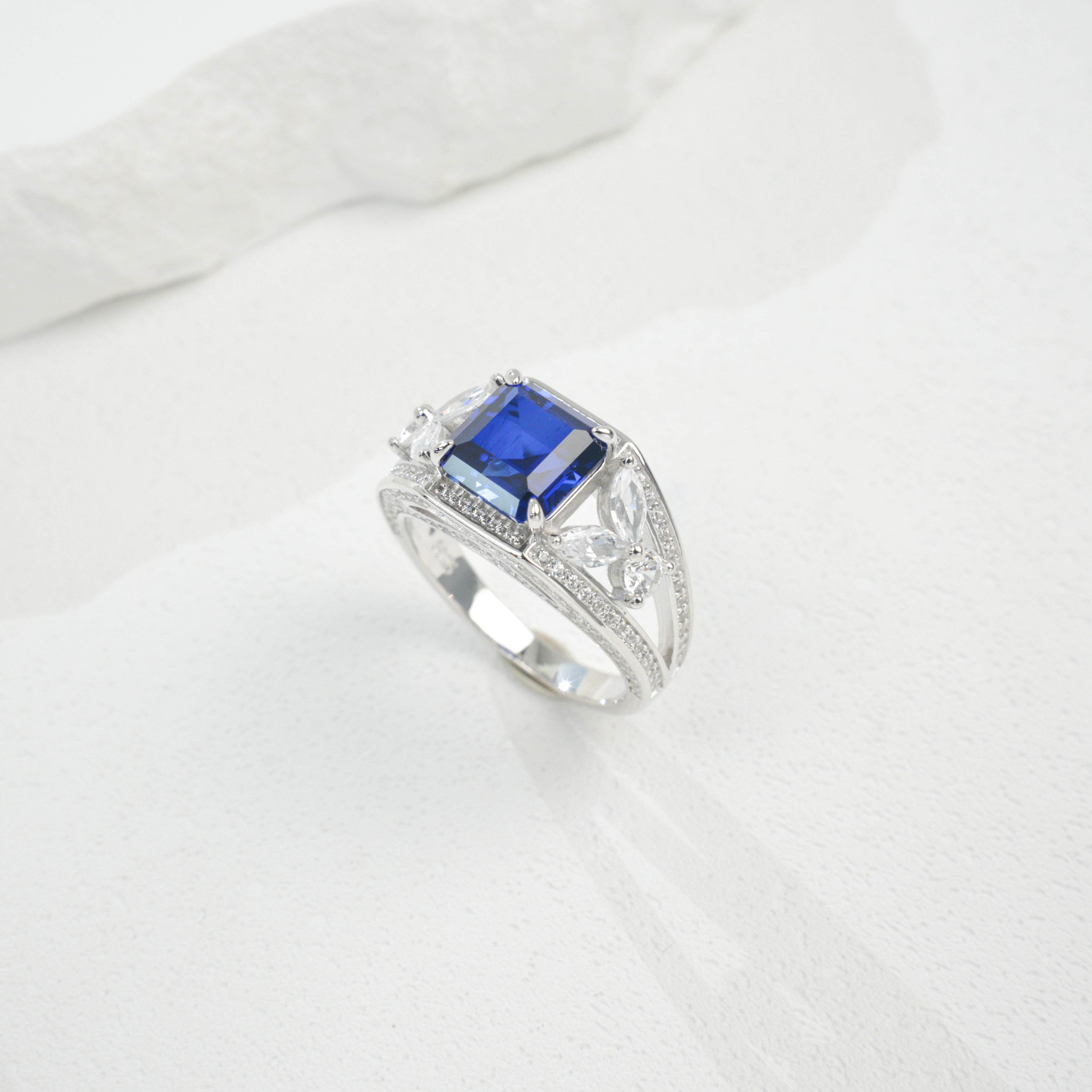 Lab-Grown Padparadscha - Diamond-Halo Rosy Square Soft Crimson Ring