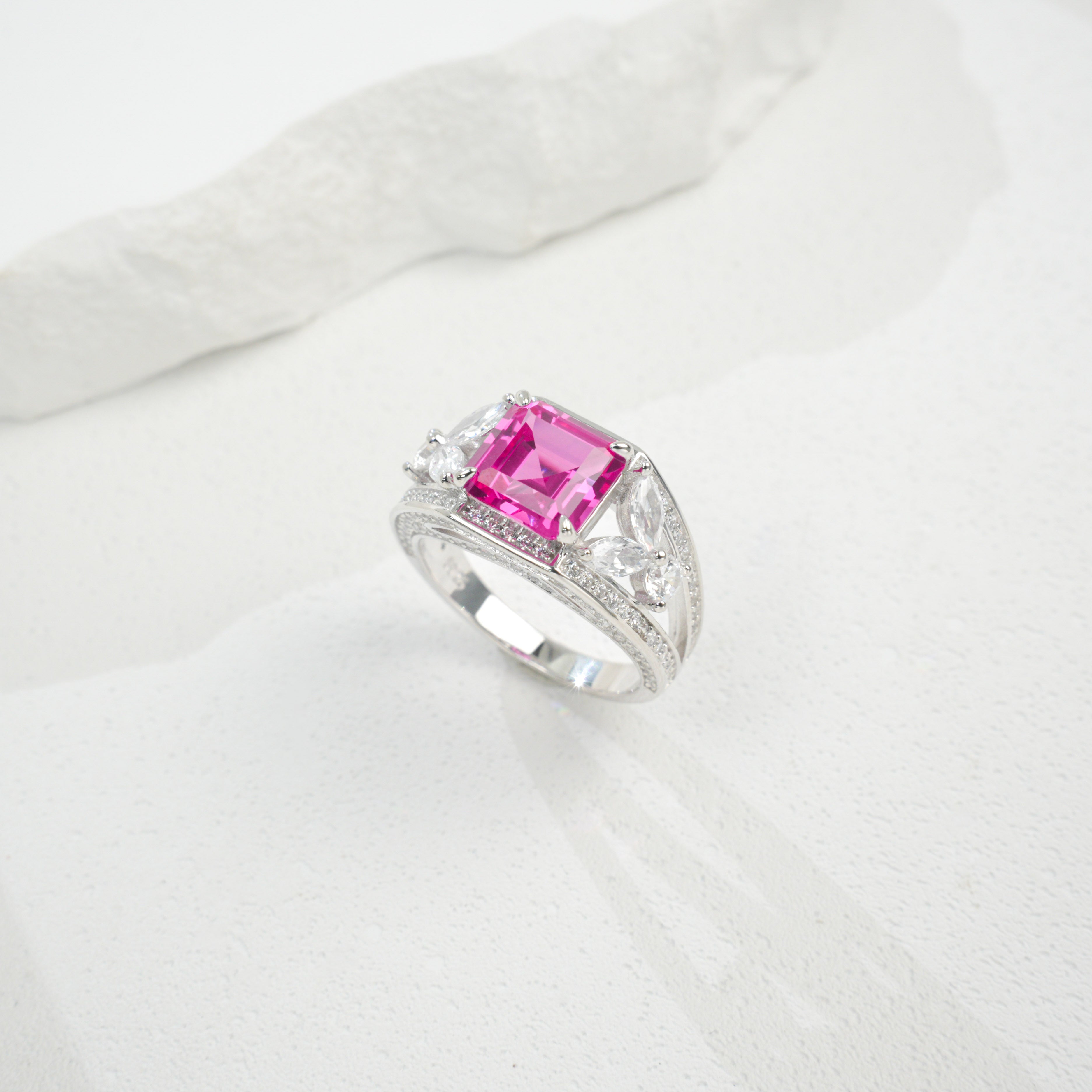 Lab-Grown Padparadscha - Diamond-Halo Rosy Square Soft Crimson Ring