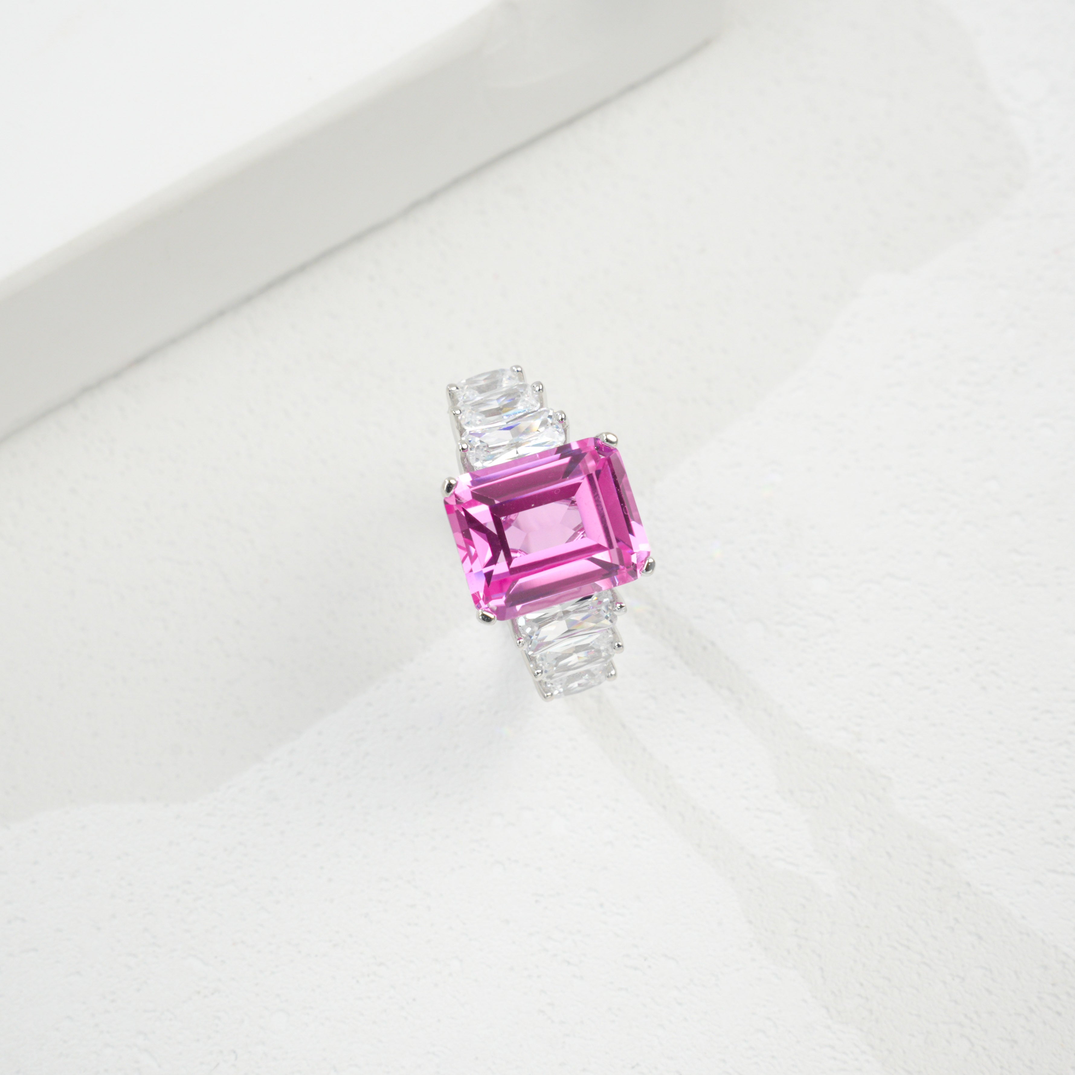 Lab-Grown Padparadscha - Crystal-Accented Rosy Square Soft Pink Ring