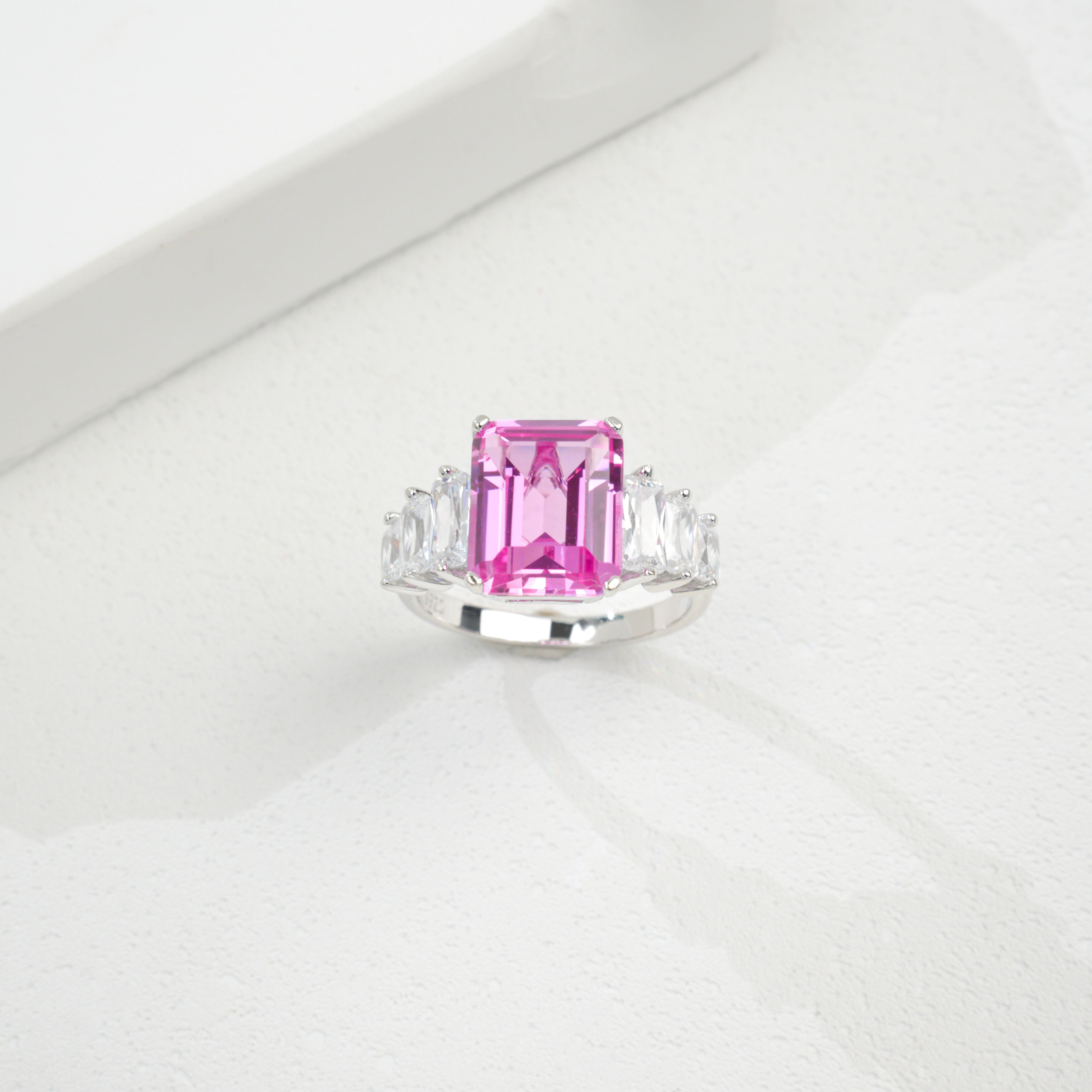 Lab-Grown Padparadscha - Crystal-Accented Rosy Square Soft Pink Ring