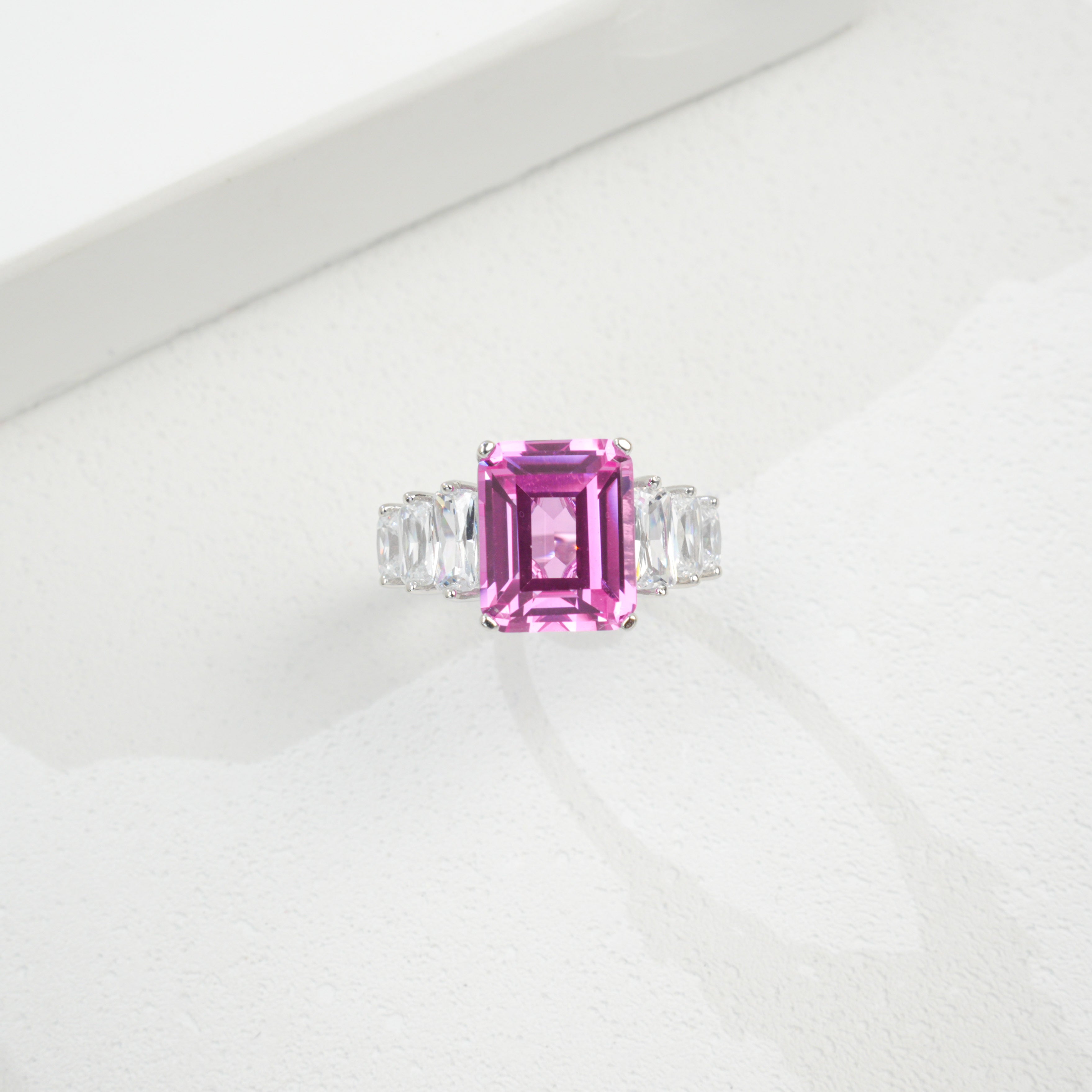 Lab-Grown Padparadscha - Crystal-Accented Rosy Square Soft Pink Ring