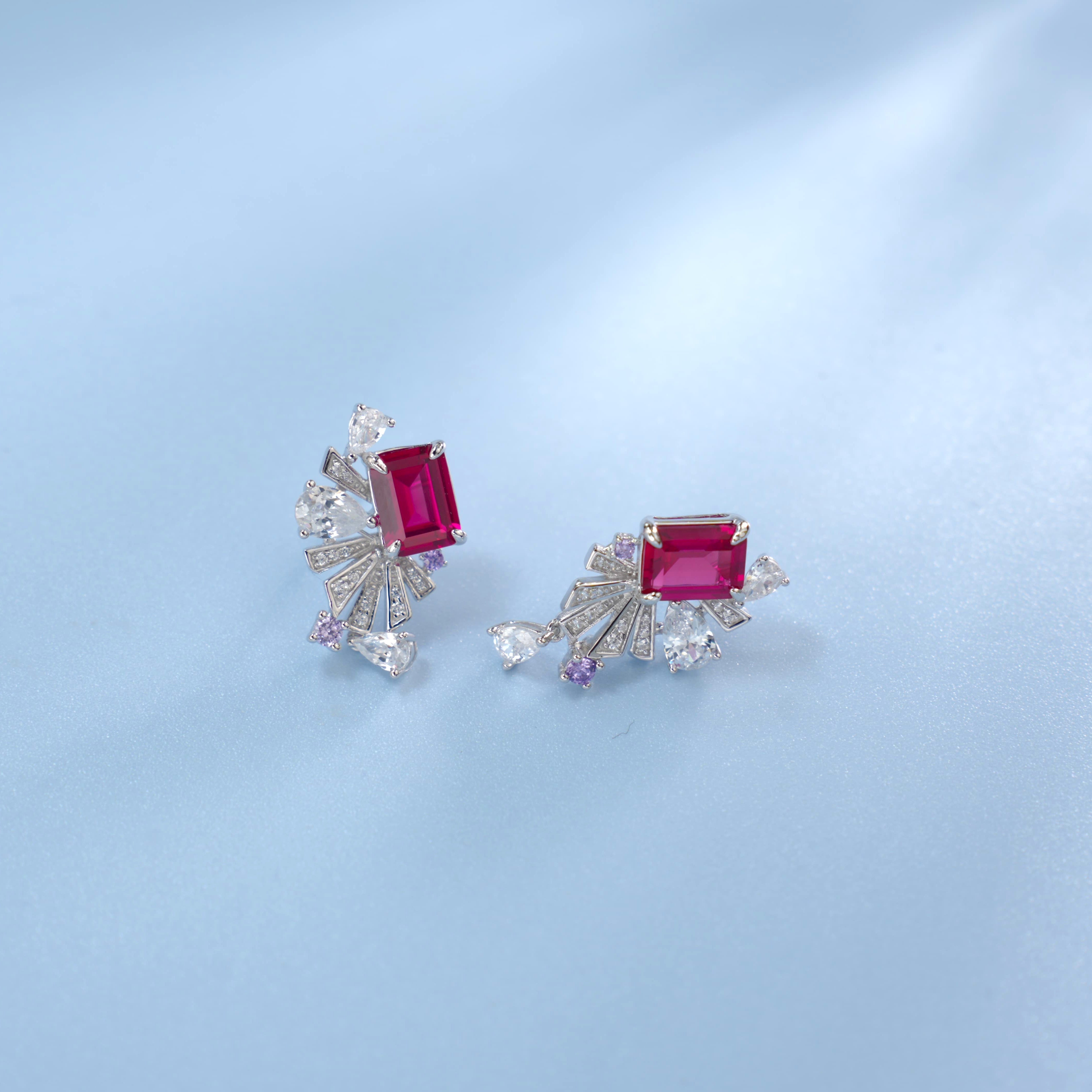 Lab-Grown Ruby - Crimson Rectangle Diamond Plume Colorful Drop Earrings