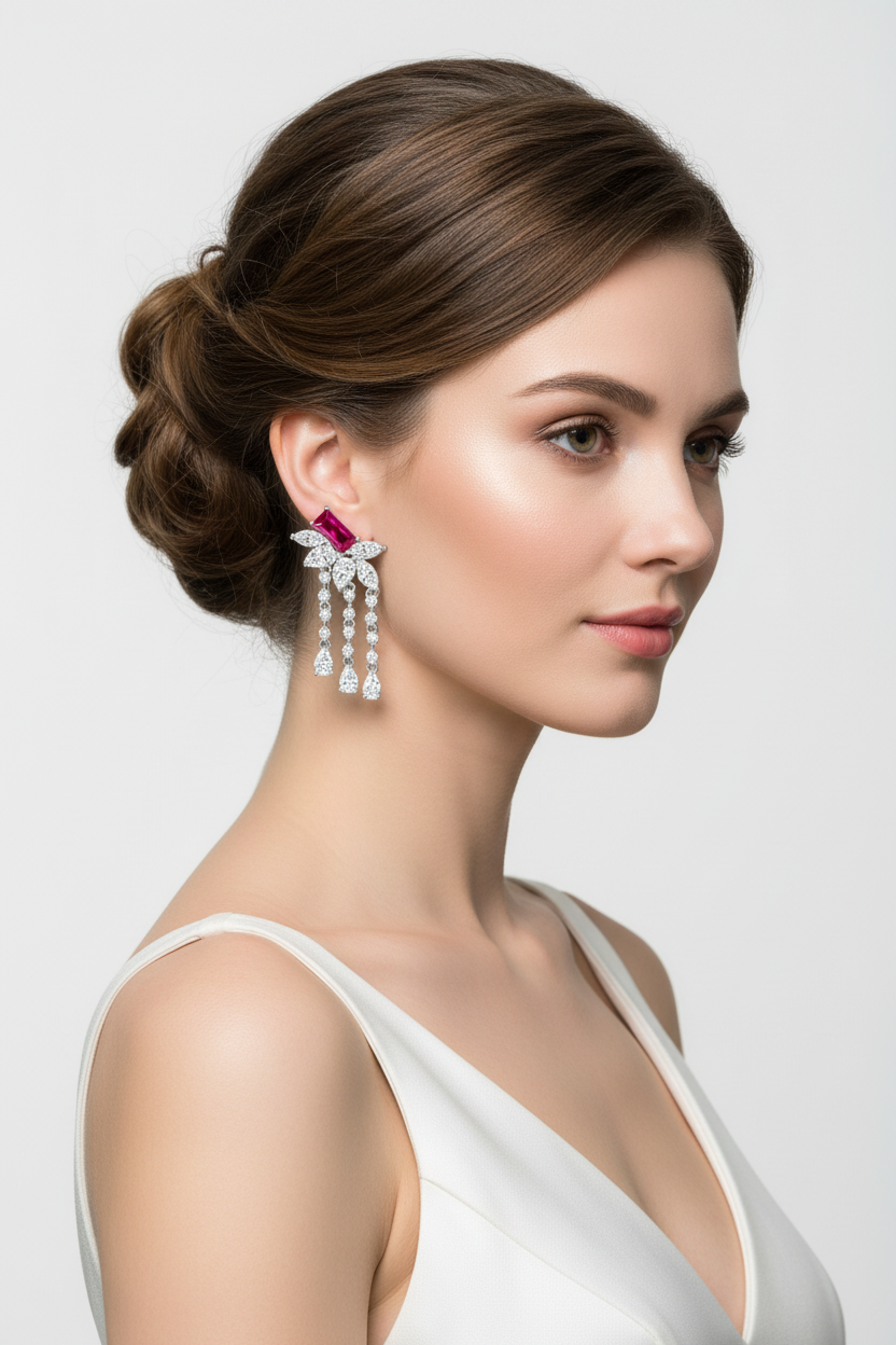 Lab-Grown Emerald - Emerald Rectangle Diamond Plume Tassel Earrings