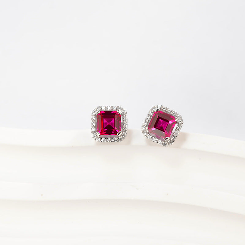 Square Ruby Halo Stud Earrings