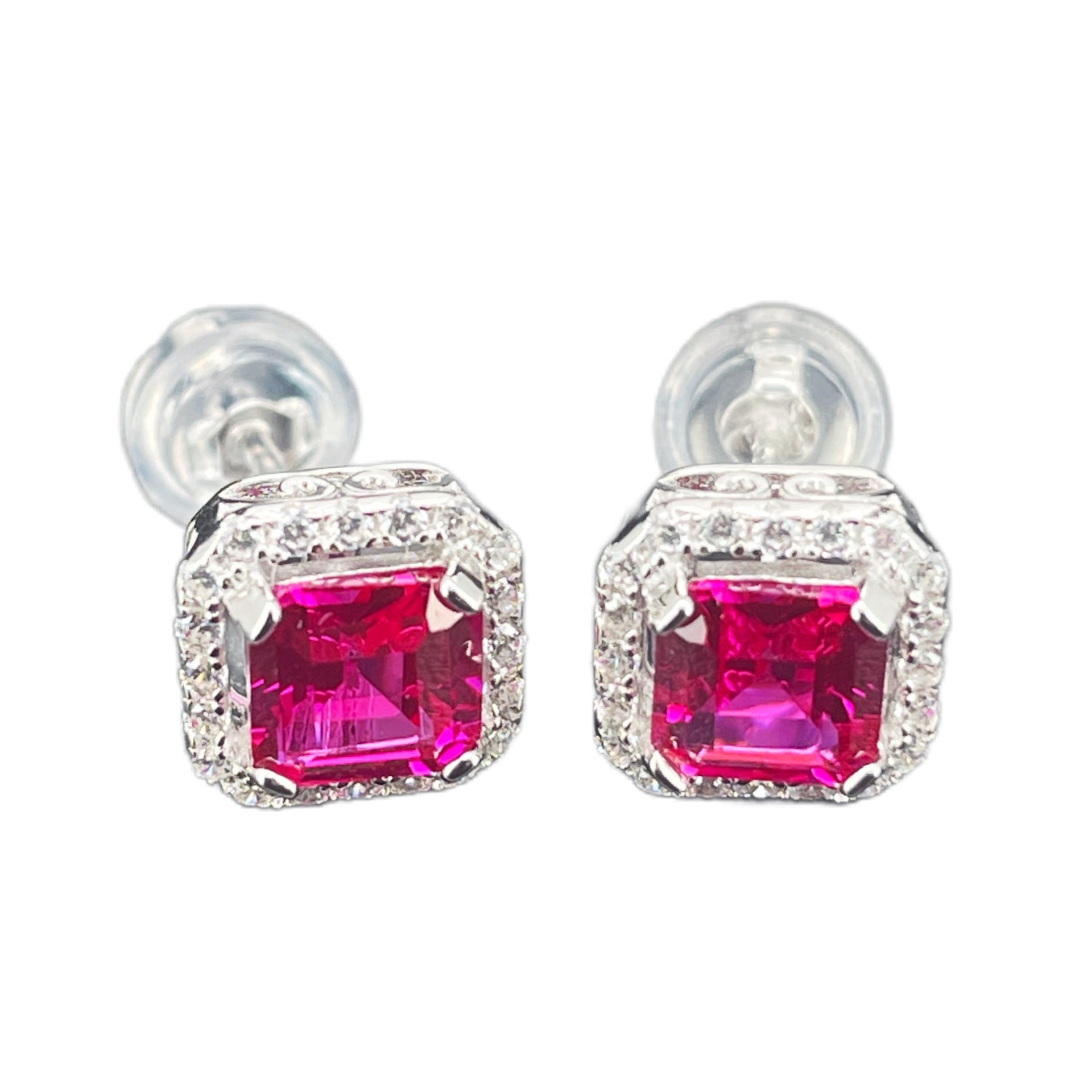 Square Ruby Halo Stud Earrings