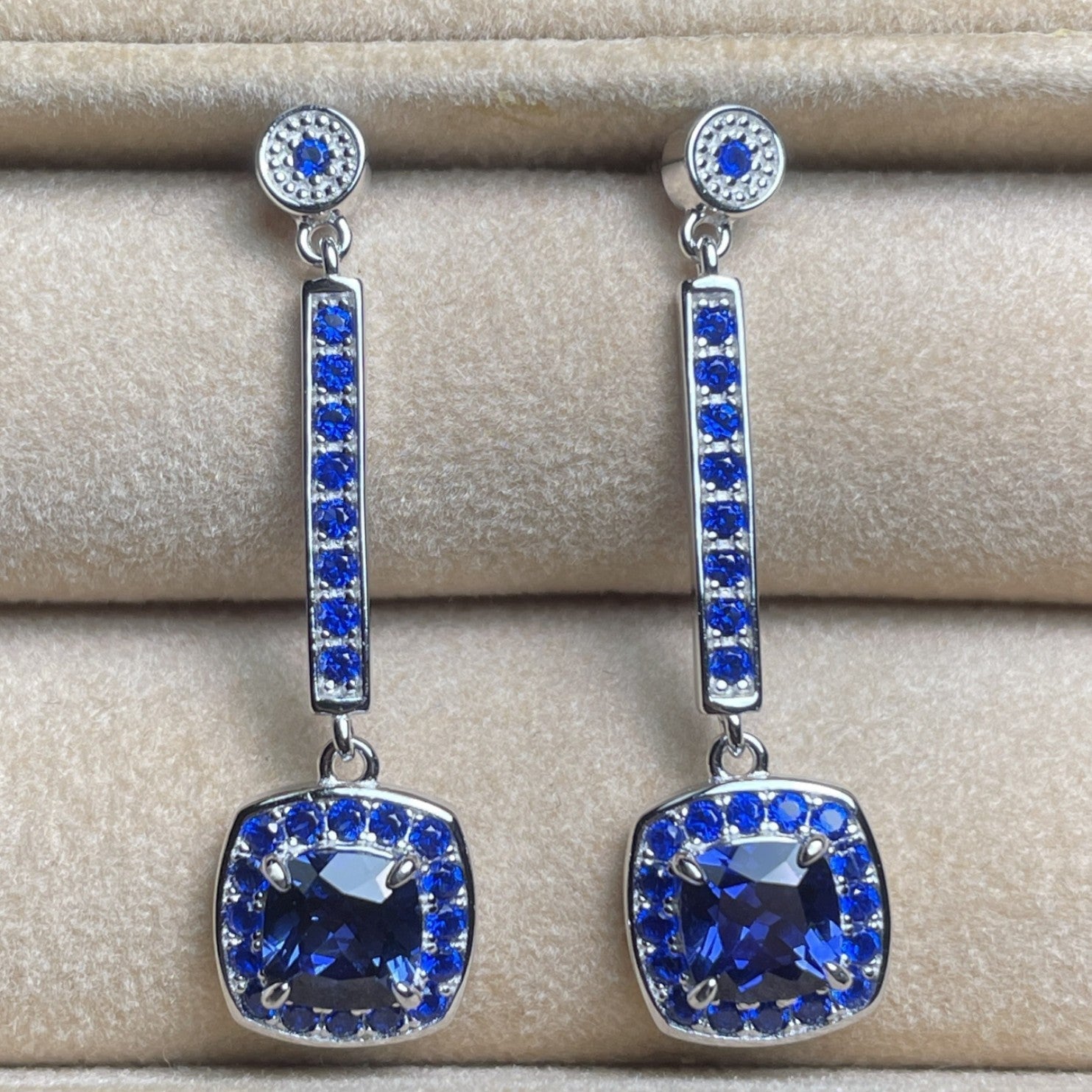 Square Sapphire Halo Earrings