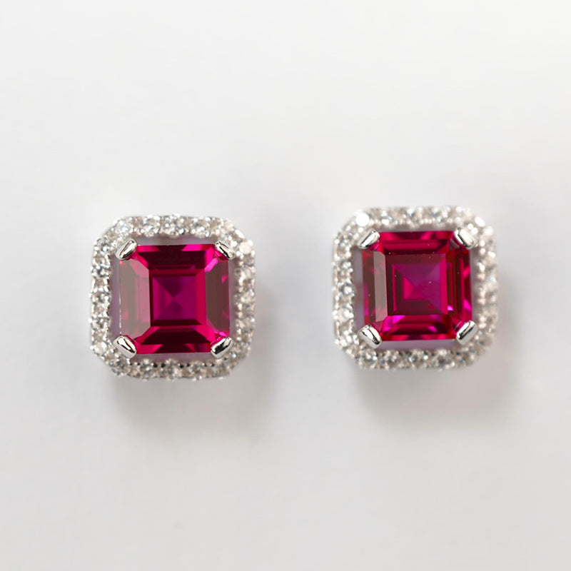 Square Ruby Halo Stud Earrings