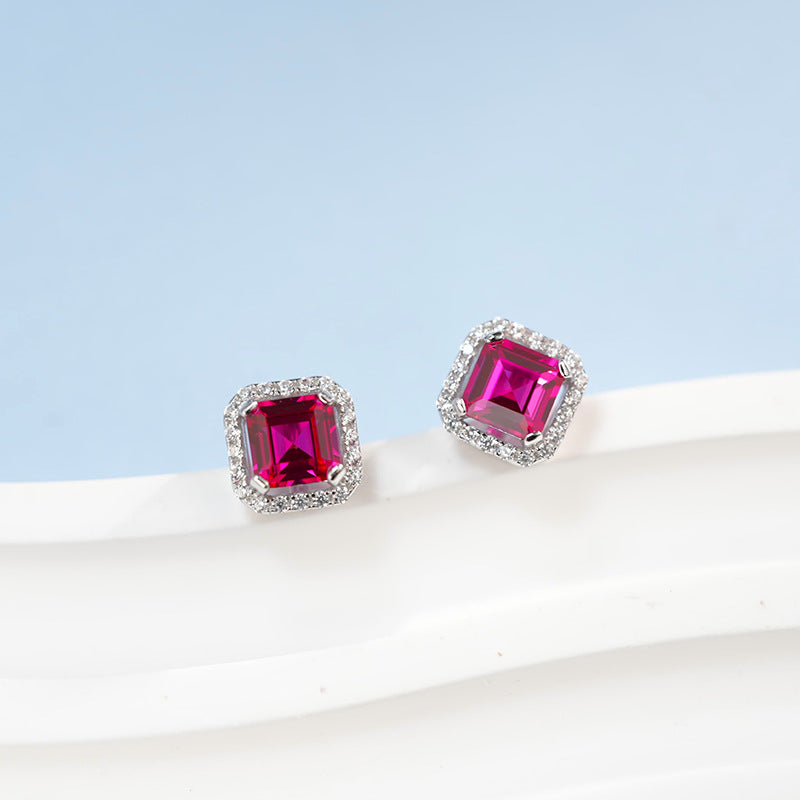 Square Ruby Halo Stud Earrings