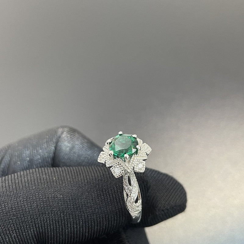 Vintage Flower Emerald Halo Ring