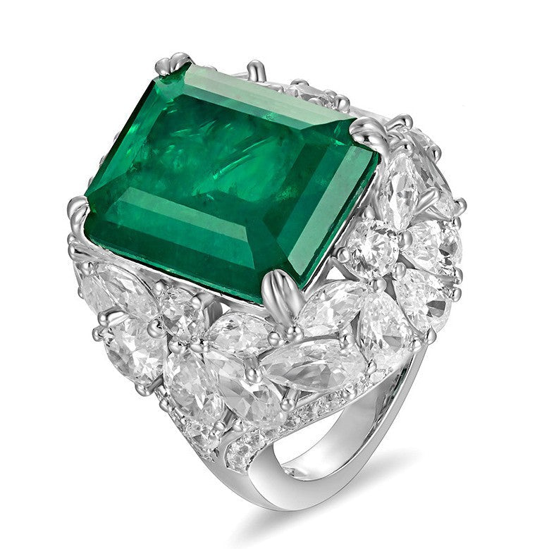 Rectangle Emerald Halo Statement Ring