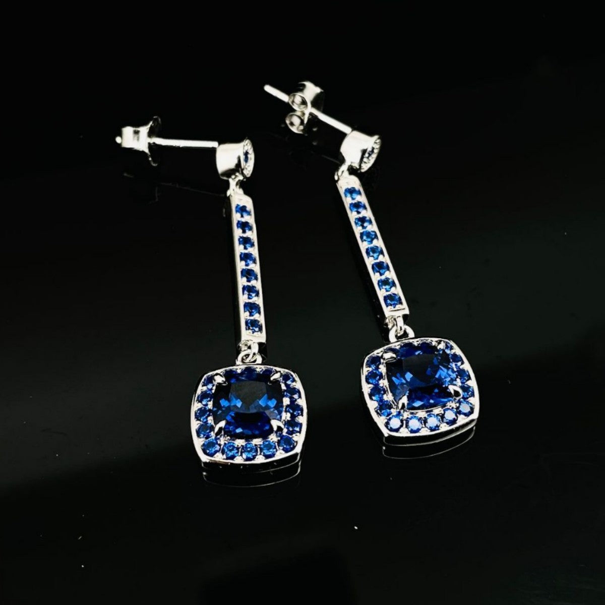 Square Sapphire Halo Earrings