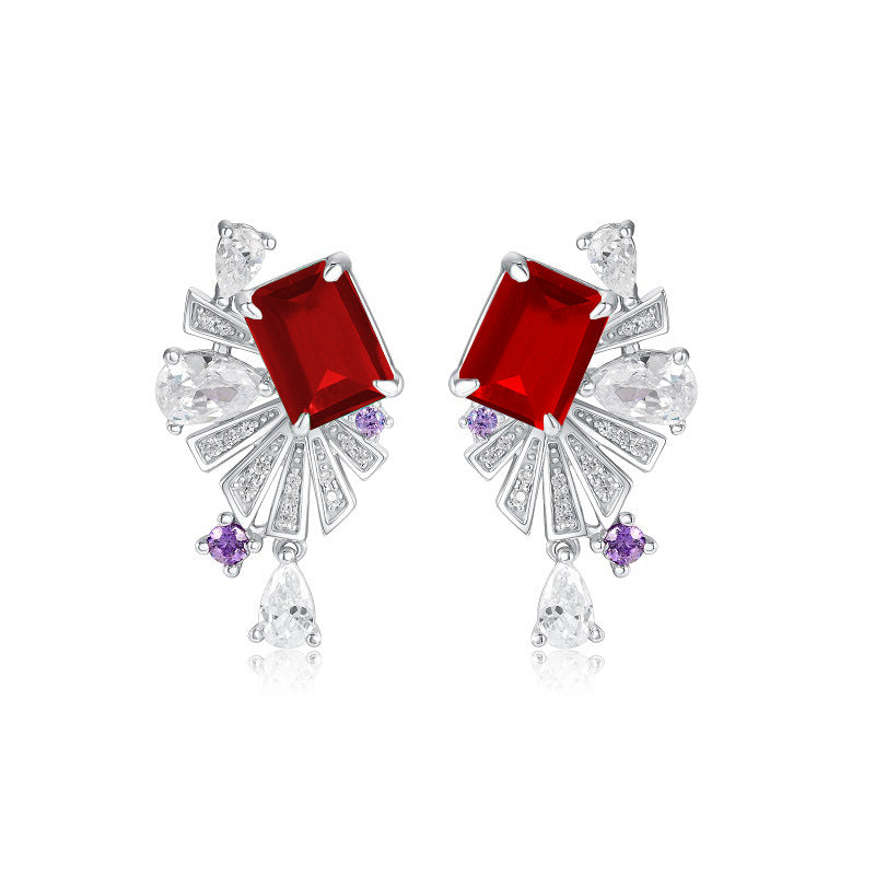 Lab-Grown Ruby - Crimson Rectangle Diamond Plume Colorful Drop Earrings