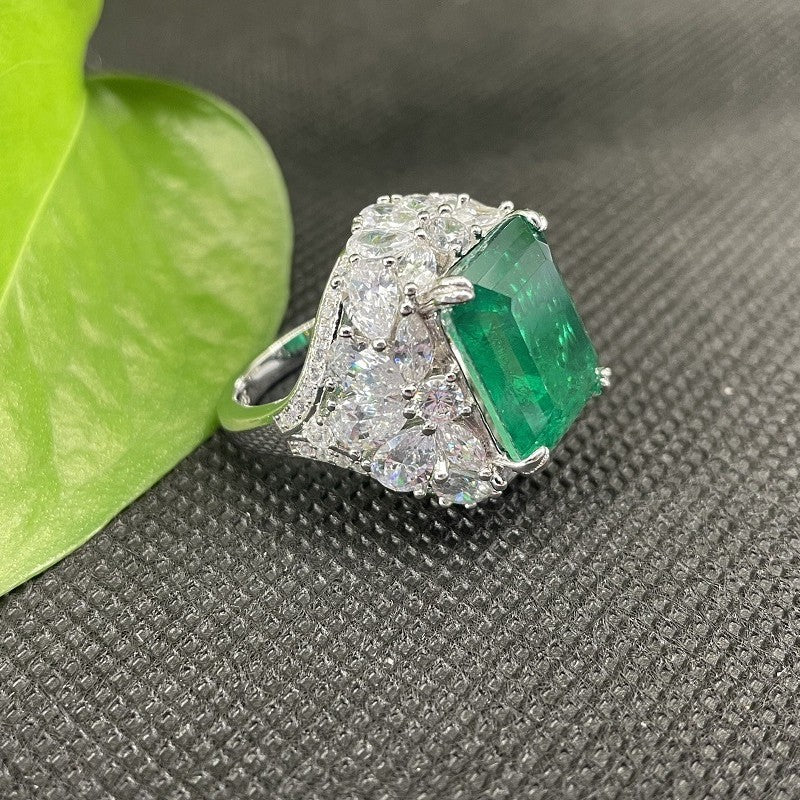 Rectangle Emerald Halo Statement Ring