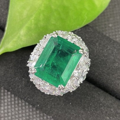 Rectangle Emerald Halo Statement Ring