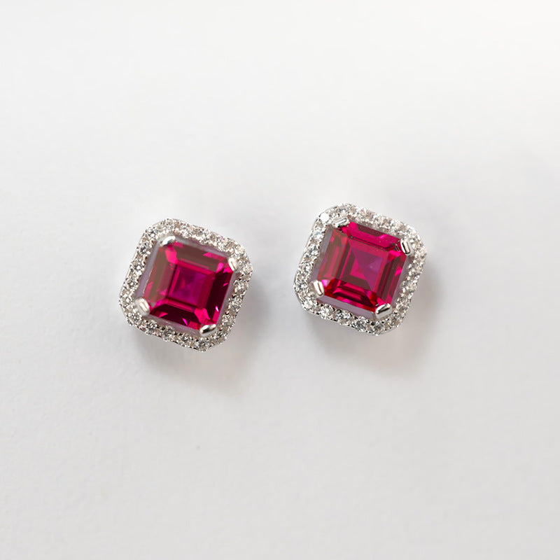 Square Ruby Halo Stud Earrings