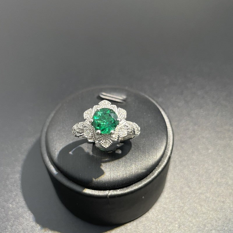 Vintage Flower Emerald Halo Ring