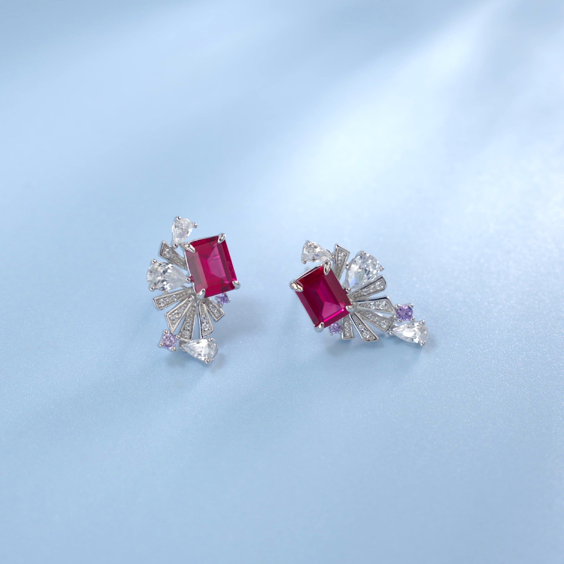 Lab-Grown Ruby - Crimson Rectangle Diamond Plume Colorful Drop Earrings