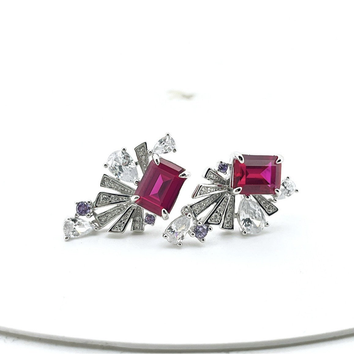 Lab-Grown Ruby - Crimson Rectangle Diamond Plume Colorful Drop Earrings