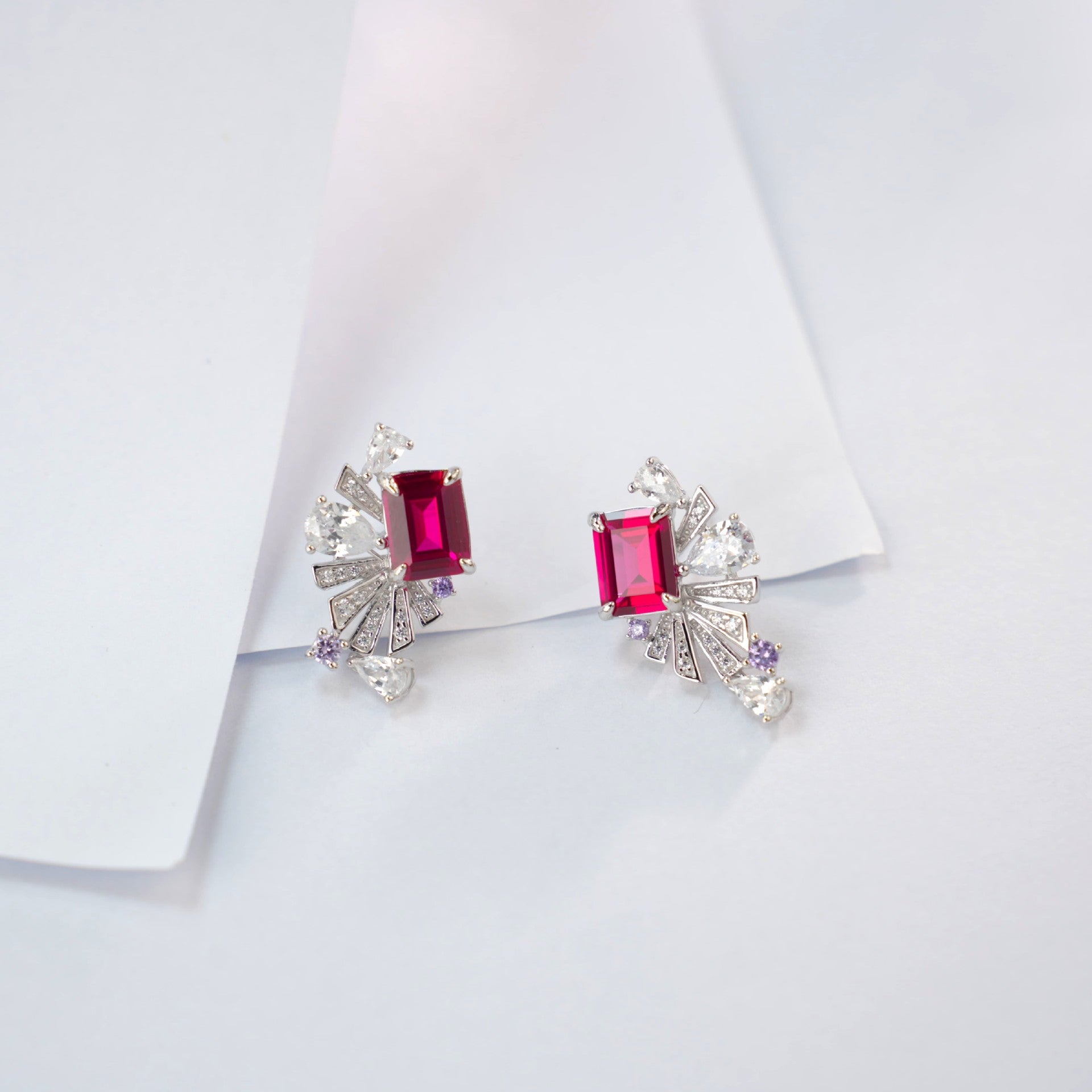 Lab-Grown Ruby - Crimson Rectangle Diamond Plume Colorful Drop Earrings